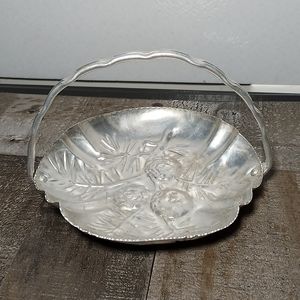 Vintage Light Weight Tin Basket with Handle Raised Pinecones Branches Design